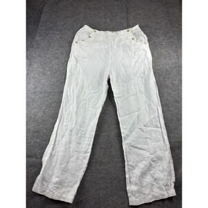 Kleen Women's L 100% Linen Wide Leg Pants White Button Detail Lagenlook Boho SEE
